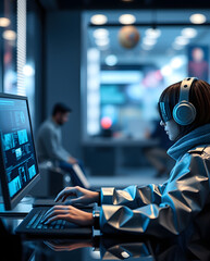 Poster - a woman concentrating on her work, while sitting at a computer editing video. She is wearing headphones and working in a modern office