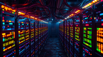 Aufkleber - a data center featuring rows of servers with glowing lights and complex cables