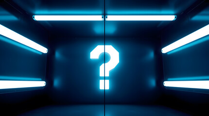 Poster - a glowing question mark illuminated in a dark, futuristic room with neon lights