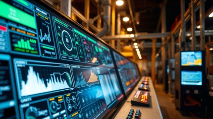 Poster - control room filled with sophisticated digital interfaces. The room is filled with data visualizations and monitoring systems
