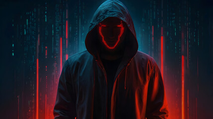 Poster - a hooded hacker's glowing red mask against a dark and futuristic background. The scene evokes a sense of mystery and danger, perfect for tech and cyber security themes