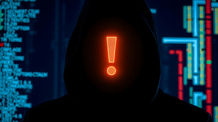 Poster - a hooded figure with a glowing warning symbol in front of computer codes