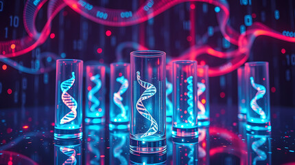 Poster - DNA strands encased in transparent containers, illuminated by a cool, futuristic light setting. The image evokes a sense of scientific progress and biological study