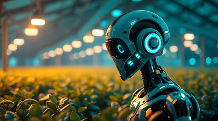 Aufkleber - a futuristic robot observing a field of crops, illustrating the integration of technology in agriculture