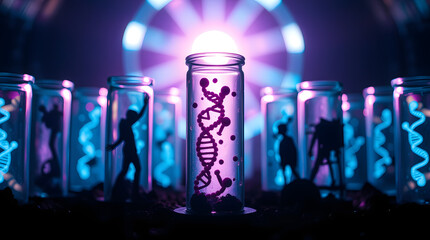 Poster - a line of small glass vials showcasing DNA strands, with tiny figures observing against a luminous backdrop. The vials are arranged in a row, highlighting the significance of genetic research