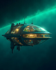 Poster - a futuristic underwater habitat with a transparent glass dome and interior lights. The habitat is suspended in a dark teal ocean with a mysterious ambiance 