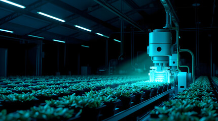 Aufkleber - a robot tending to plants in a modern, high-tech greenhouse under artificial light. The scene suggests automation and the future of farming.