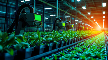 Aufkleber - Automated plant rows with monitor in greenhouse at sunset