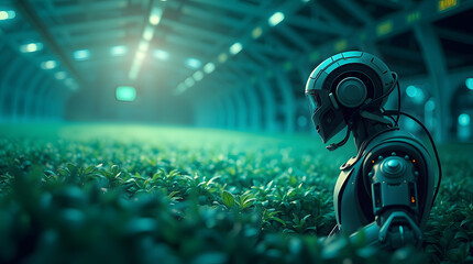 Aufkleber - a futuristic robot pondering amidst a lush green field, in a greenhouse setting