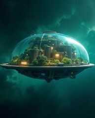 Poster - a futuristic city in a transparent dome hovering in the sky, a symbol of innovation and the future
