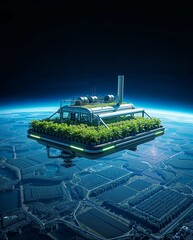 Aufkleber - a futuristic floating farm in outer space, showcasing a sustainable food source and innovative agriculture