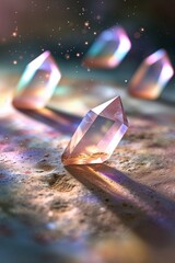 Poster - Colorful crystal formations scattered on a surface reflecting light in a serene atmosphere