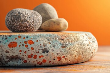 Poster - The scene depicts a concrete stone podium nestled among stone rocks, with a cylindrical slab pedestal designed to display natural cosmetic products, all generated through 3D rendering