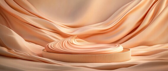 Poster - A beige background serves as the setting for a 3D rendering of a product display podium with a flying silk cloth curtain in a neutral color