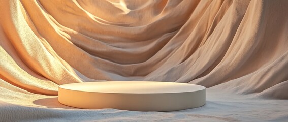 Poster - The scene is set with a simple, abstract beige background, complete with a podium, a satin curtain with a wave design, and a round pedestal for presenting natural cosmetics, generated using 3D
