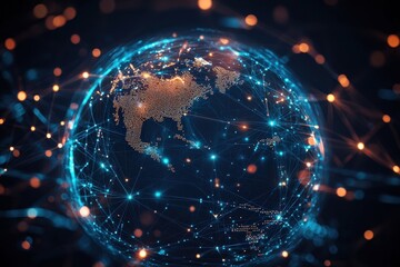 Poster - World globe with connection points, representing business and social media in a digital mind map design