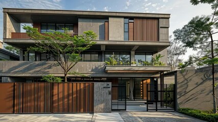 Poster - A modern concrete building with clean lines, large windows, and greenery blends smoothly into the urban landscape