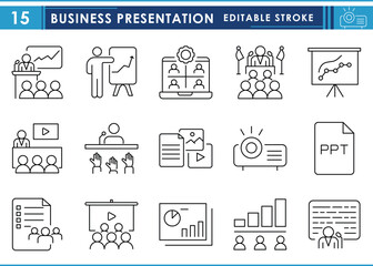Leinwandbilder - A set of line icons related to Business Presentation. Present, online, video, presentation, projector, slides, political, and so on. Vector editable stroke.