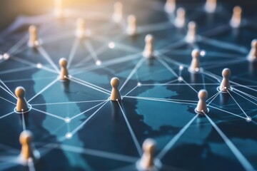 Poster - Abstract business team innovation concept with connected nodes and lines on a map background