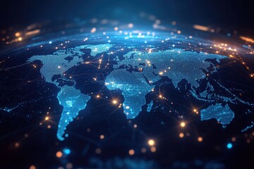 Fototapete - Abstract world map visualizing global networks, data transfer, and the influence of cyber technology on communication
