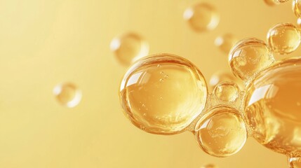 Poster - Golden liquid bubbles with smooth surface and bright reflections on a yellow background for cosmetic product concept