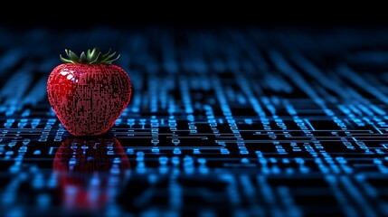 Digital strawberry rendered on circuit board, data streams in the background, for food technology use