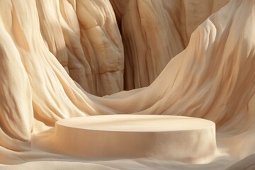 Poster - Elegant beige satin fabric is showcased on a podium for luxury products, in stock