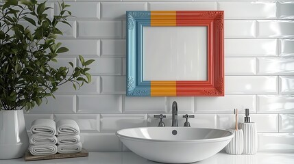 Poster - Pop of color A bright, colorful photo frame adding vibrancy to a white-tiled bathroom, Copy space, commercial use