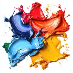 Poster - Vibrant swirl of colorful paint textures on white canvas creating a dynamic artistic expression with bold hues and smooth strokes