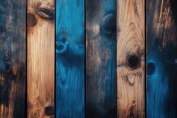Poster - Rustic Charm Wood Planks in Earthy Tones and Deep Blues Close Up Capturing Grain Texture and Natural Beauty for Backgrounds and Design