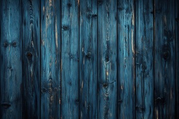 Poster - Rustic Charm Blue Painted Wood Planks Backdrop Vintage Texture Weathered Surface Detailed Grain Vertical Boards Dark Hue Natural Material Stock Photo