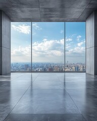 Poster - Spacious concrete room with panoramic city view through large windows under a bright blue sky creating a serene and modern architectural ambiance