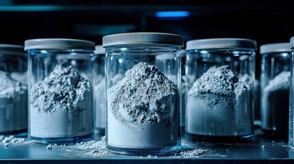 Poster - Rare Earth Compounds in Small Containers, Essential for Electronics, Innovative Technology, Focus on Powdered Materials, Displayed in Open Space, Highlighting Industrial Applications