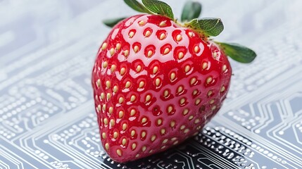 Macro strawberry sitting on circuit board, representing technology, food, and data connection
