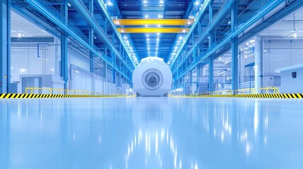 Poster - High-Power Magnet Manufacturing, Industrial production of rare earth magnets for energy solutions, showcasing advanced technology in a spacious factory environment