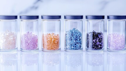 Poster - Mineral Wealth Exploration, Detailed display of rare earth element samples in a laboratory setting, showcasing scientific research and analysis of valuable minerals.
