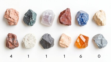 Poster - Precious Elements Display, A collection of raw and processed rare earth minerals meticulously arranged, showcasing their unique textures and colors against a neutral backdrop.