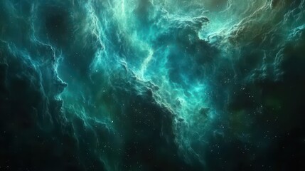 Space wallpaper with blue and green nebula clouds and glowing cosmic particles