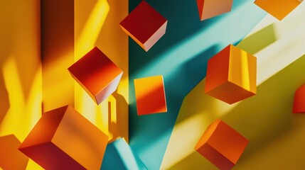 Wall Mural - Geometric abstract background with primary-colored shapes floating in space