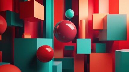 Wall Mural - Bauhaus-inspired backdrop with rotating geometric shapes and 3D extrusions
