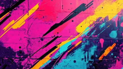 Wall Mural - Pop-art graffiti background with neon streaks halftone patterns and black outlines