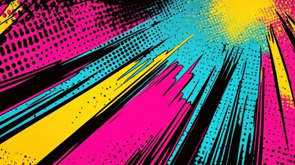 Wall Mural - Retro comic backdrop with intense neon streaks and halftone patterns adding depth