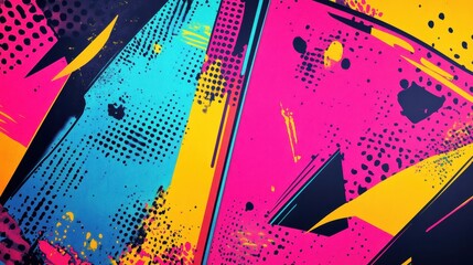 Wall Mural - Electrifying neon backdrop with halftone comic shading and chaotic splashes