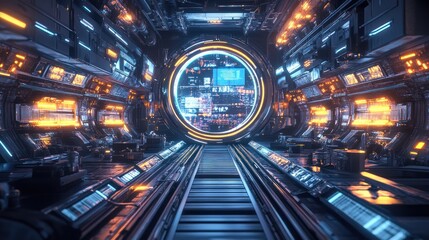 Poster - futuristic corridor of a spaceship with portal displaying digital information offering a journey into the heart of technological innovation