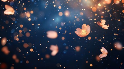 Wall Mural - Sakura petals floating over deep midnight sky illuminated by golden twinkling stars