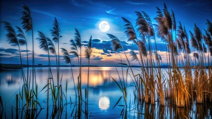 Wall Mural - Moonlit wetlands reveal majestic reeds, silhouetted against the night sky. Dark beauty captured in night reed photography.