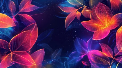 Canvas Print - A high-contrast neon wallpaper with glowing botanical shapes and neon trails blending into a cosmic nightscape background