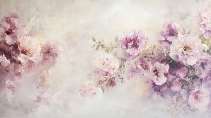 Canvas Print - A misty pastel background with soft-focus flowers in blush and lilac with gentle sparkles and painterly textures