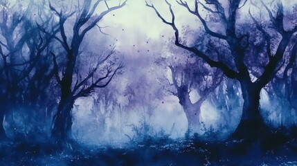 a mysterious gothic forest background with deep indigo fog rolling through skeletal tree silhouettes