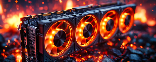 Poster - Powerful Quadruple Fan Video Graphics Card with Glowing Red Lighting in Fiery Background for High Performance Computing